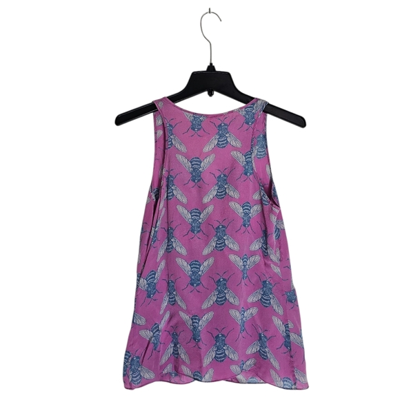 Leifnotes 100% Silk V Neck Pink Tank Top with Blue Bee Print Small Preowned - Picture 6 of 9